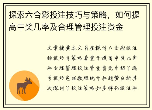 探索六合彩投注技巧与策略，如何提高中奖几率及合理管理投注资金